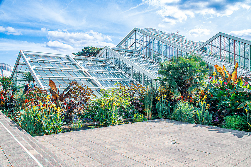 The image depicts a large, modern greenhouse with a glass structure, housing a variety of lush plants and flowers. The greenhouse is divided into multiple sections, each with different types of vegetation. The exterior of the greenhouse is bright and sunny, with a clear blue sky and some clouds. The foreground features a paved walkway leading to the entrance of the greenhouse, surrounded by well-maintained gardens with colorful flowers and greenery. The overall scene is vibrant and inviting, suggesting a well-curated botanical garden.