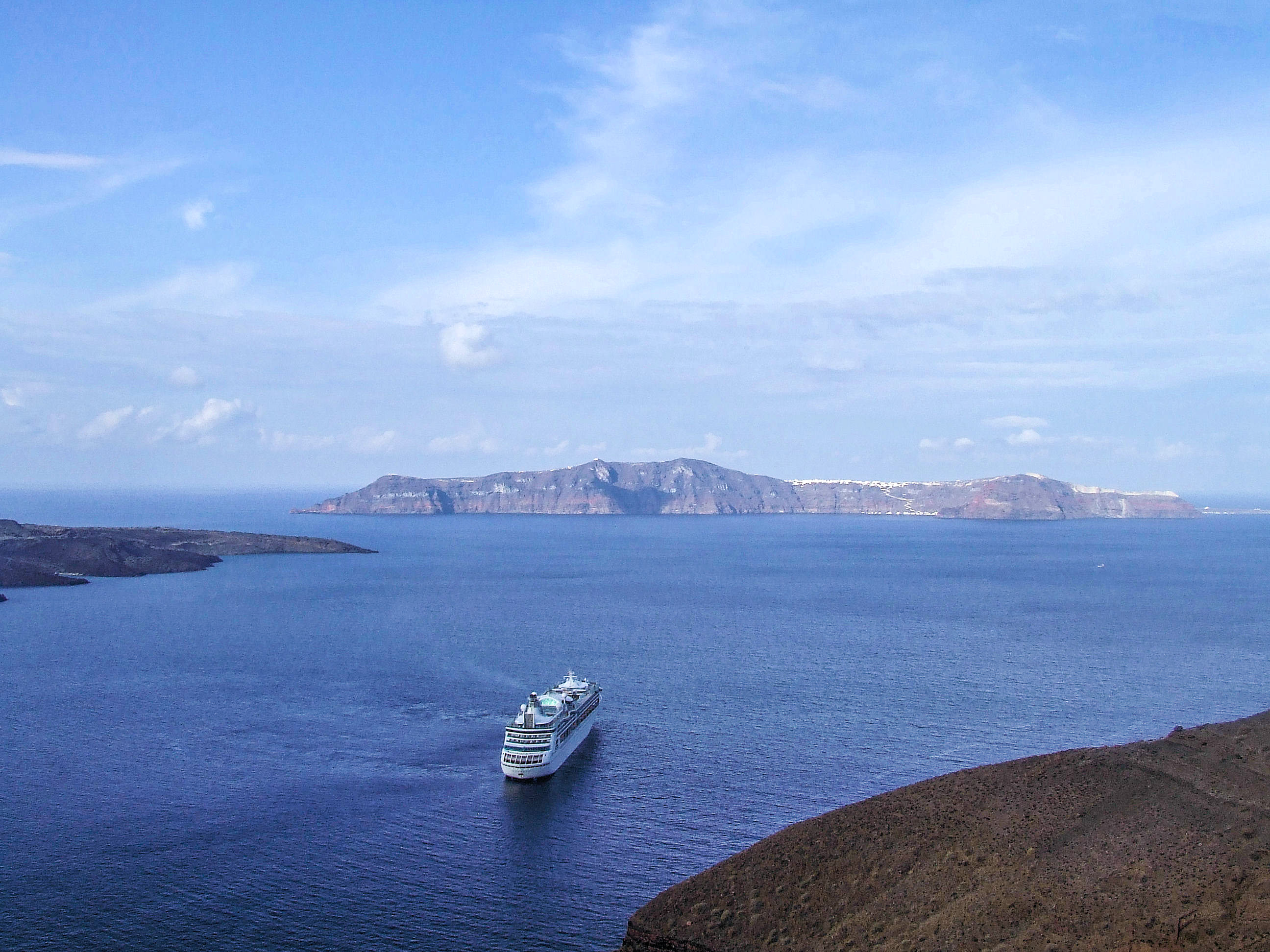 View across the Caldera with our Cruise Ship Acnchored