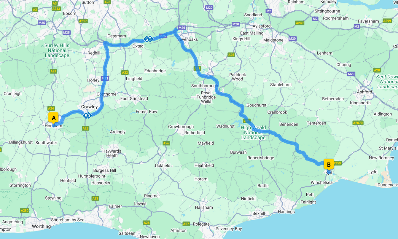 drive from Horsham to Sheffield Park